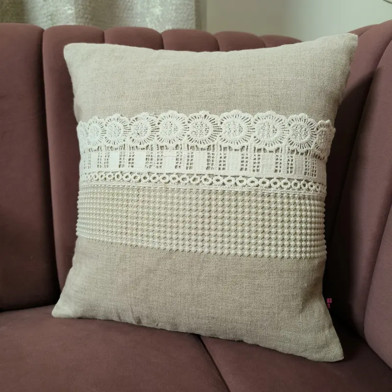 Medallion Shabby-chic-Accent-Throw-pillow-with-wide-pearl-lace-12x12-beige-white